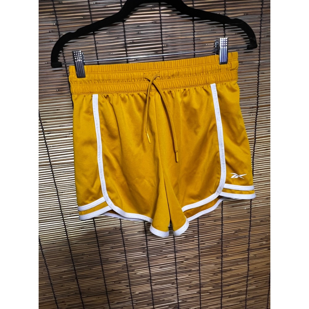 Reebok Athletic Shorts Yellow White Stripe Mesh Drawstring Small